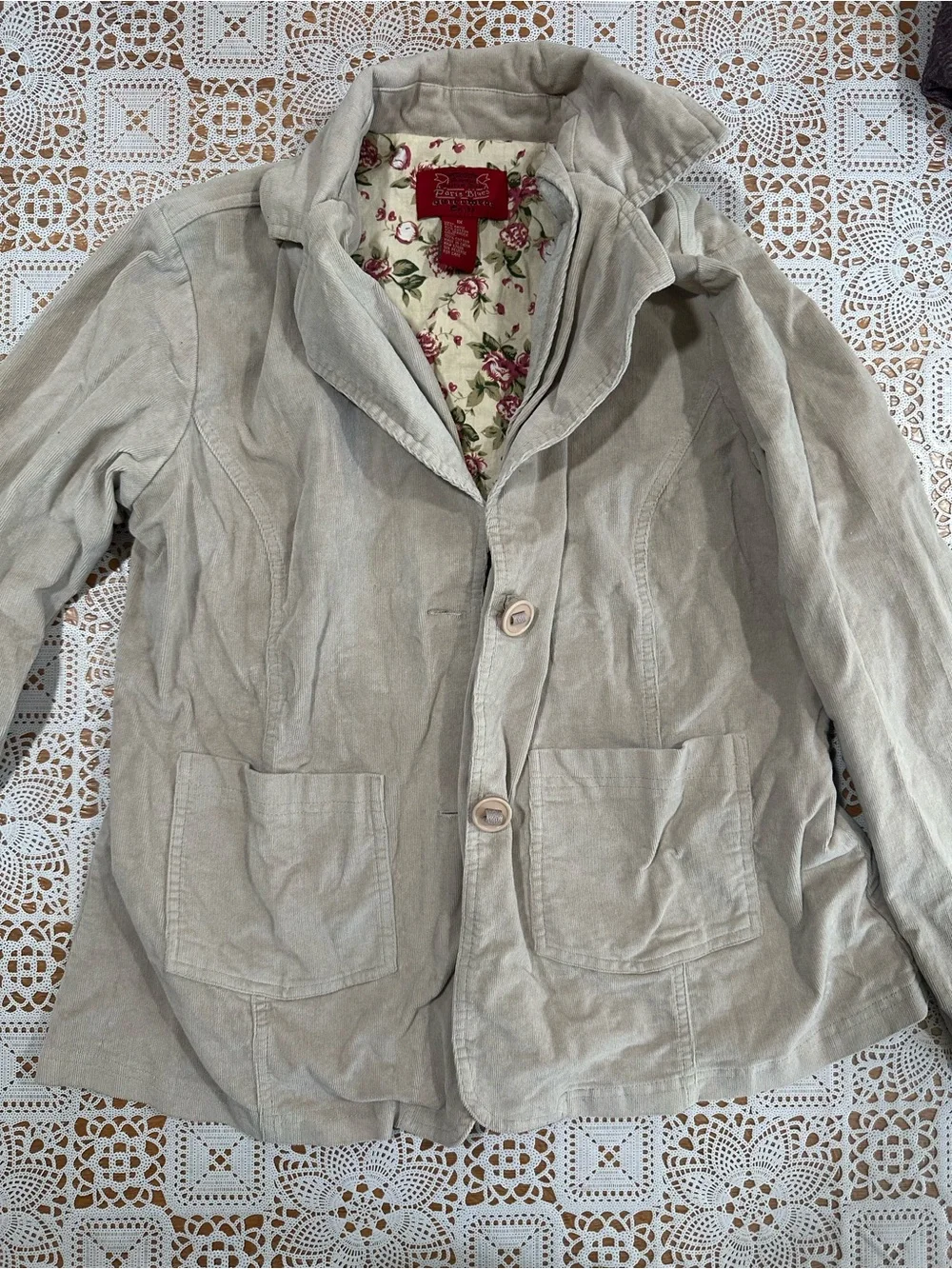 Paris Blues Beige Corduroy Blazer Jacket Floral Lined Plus Size 1X